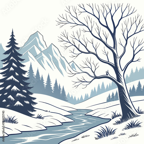 Frozen landscape with snow covered mountains and trees by a river