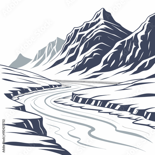 Frozen glacier basin with snow covered mountains and winding river