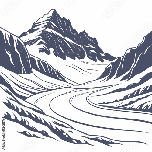 Frozen glacier mountain landscape with snow covered peaks and valley