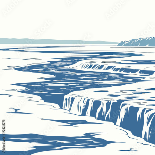 Frozen glacier basin with ice cliffs and frozen lake