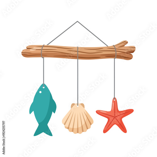 Sea life mobile vector clipart with fish, shell, and starfish hanging on driftwood