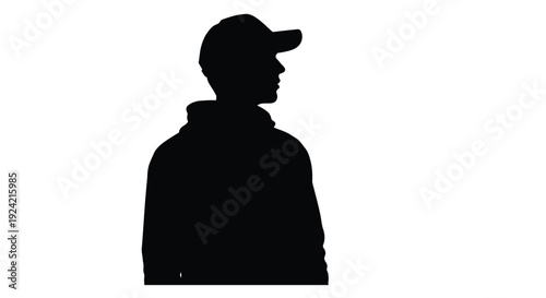 Silhouette of a person wearing a cap and hoodie facing to the right