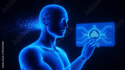 A blue humanoid figure with glowing circuits and a digital screen with a brainlike interface