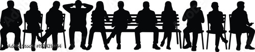 Row of people sitting on chairs and bench in waiting area, black silhouette vector illustration isolated on white background for queue and public space concept