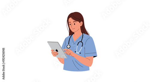 A smiling female nurse with brown hair wearing blue scrubs and a stethoscope interacts with a silver tablet computer using her right hand.