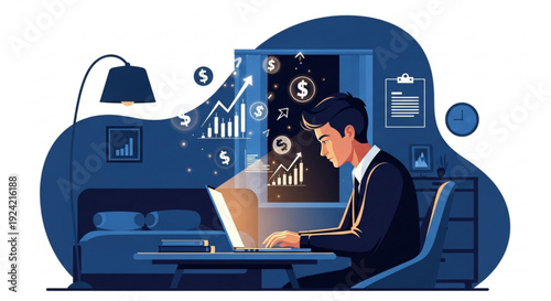 Businessman analyzing financial data on laptop at home office desk with graphs and charts