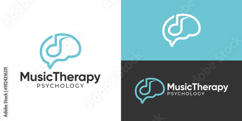 Creative simple music therapy logo template. Brain with key note musical for mind health logo design vector illustration.