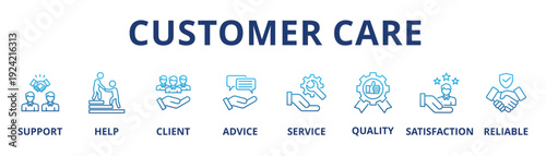 Customer care banner web icon vector illustration concept for customer support and telemarketing service with an icon of help, client, advice, chat, service, reliability, quality, and satisfaction