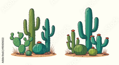 Stylized illustration of various desert cacti and succulents on sand