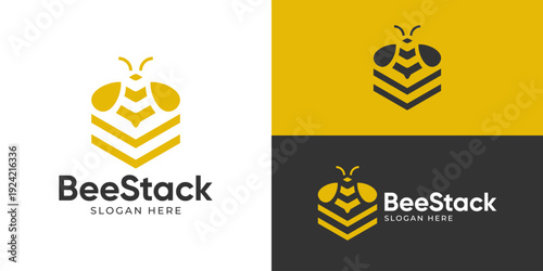 Creative simple bee stack logo template. Honeycomb with stack layer logo design vector illustration.