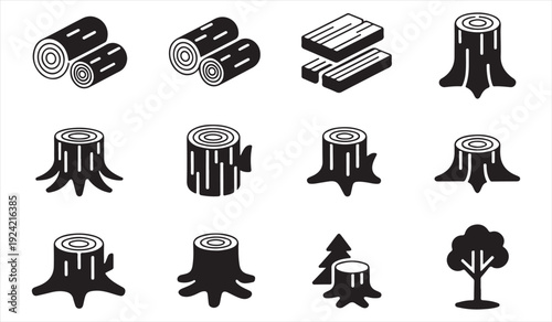Cut Timber and Wood Trunk Icon Set Isolated on White