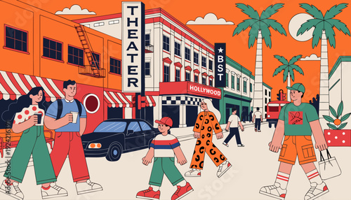 Very beautiful view of Hollywood Boulevard in Los Angeles showcasing lively streets, iconic theaters, and the celebrated heart of the global entertainment industry.
