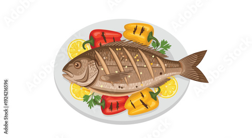 A grilled whole fish presented on a light gray plate with charred bell peppers lemon slices and parsley on a white background.