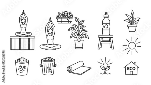 Yoga and Plants Line Art: A set of elegant line art icons showcases a serene yoga practice amidst elements of nature and wellness, promoting mindfulness and healthy living.