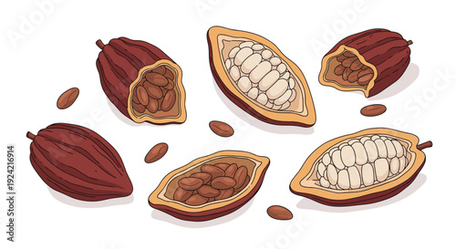 A collection of whole and halved cocoa pods with loose beans scattered around in a hand drawn illustration style on a white background.