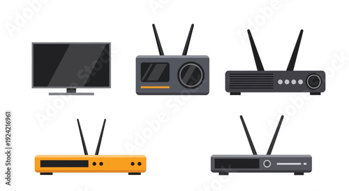 Various wireless routers and a television displayed in a flat vector style