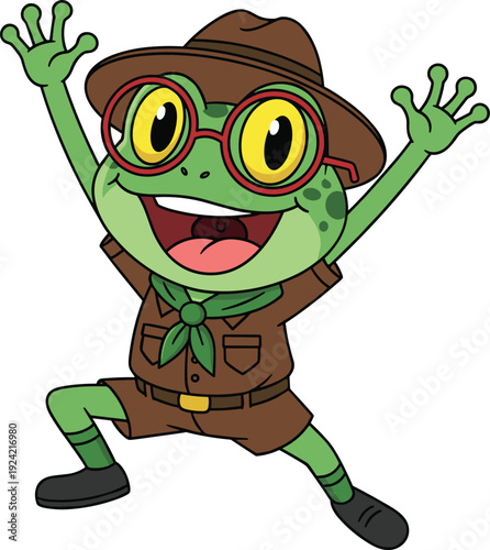 Funny cartoon frog explorer vector illustration, cute adventurous amphibian character with hat and glasses, playful mascot design isolated on white background
