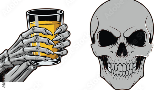 Grim reaper skull with skeletal hand holding whiskey glass vector illustration, spooky Halloween horror character design, creepy gothic symbol isolated on white background