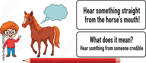 Hear something straight from the horse mouth idiom illustration, educational language concept with cartoon boy and horse, English expression learning design