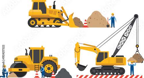 Heavy construction machinery and workers set, featuring bulldozer, road roller, excavator, crane lifting soil, industrial equipment, engineering worksite activity vector illustration isolated