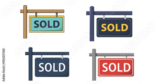 Four real estate sold signs with varying color schemes displayed