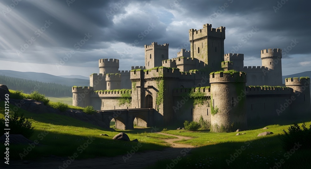 Fototapeta premium A magnificent ancient stone castle with multiple strong towers, rugged battlements, and a sturdy bridge leading to its impressive main gate, covered in climbing ivy.