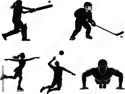 Silhouette of various sports players in action