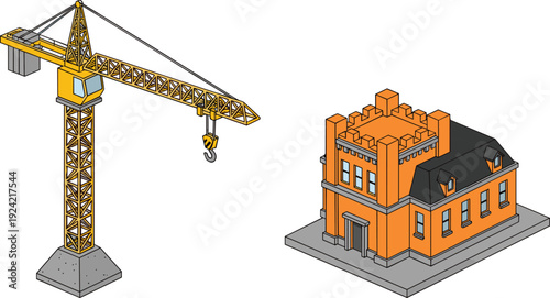 Isometric construction crane and residential building illustration featuring tower crane, urban architecture, property development concept, engineering structure, isolated vector design