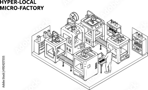 3D Printing Micro-Factory Silhouette, Local Manufacturing and Small Business Desktop Fabrication CAD Vector