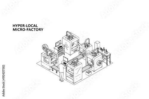 3D Printing Micro-Factory Silhouette, Local Manufacturing and Small Business Desktop Fabrication CAD Vector