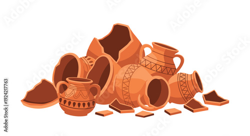A large pile of broken terracotta pottery shards and patterned jars with handles is arranged in a heap on a white background.