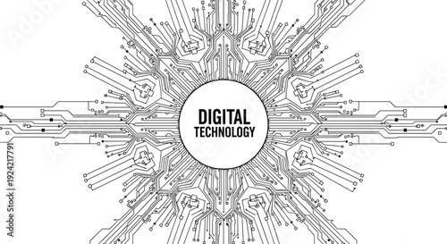 Digital technology circuit board background with complex microprocessor lines and electronic components for high tech cybersecurity data processing cad drawing flat vector illustration