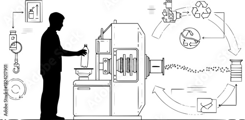 Circular Economy Plastic Upcycling Silhouette, Waste Management and Sustainable Recycling Process CAD Vector
