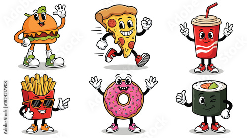 Fun fast food icon set featuring cartoon burger, pizza, soda, fries, donut, and sushi