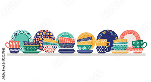 A variety of colorful and patterned ceramic plates bowls and mugs are neatly arranged on a long horizontal white shelf against white.