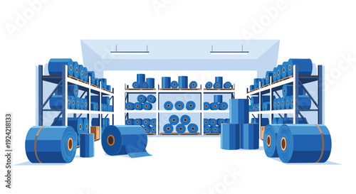 A large industrial warehouse interior shows rows of metal shelves stocked with blue material rolls and several large rolls on the floor.