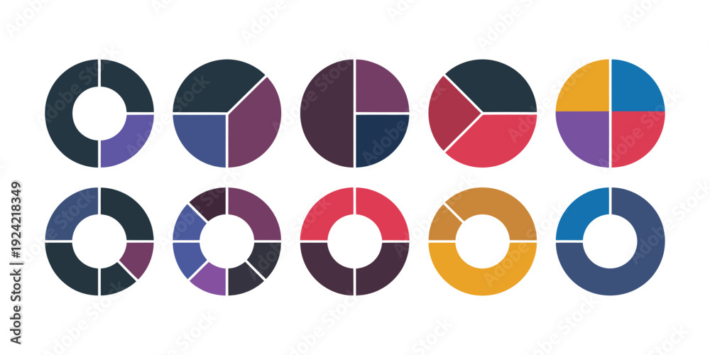 Obraz premium Pie charts set, circle section graphs with different colour circles isolated, vector illustrations representing data visualisation, statistics, business analysis, , progress tracking, and 