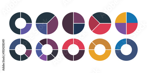 Pie charts set, circle section graphs with different colour circles isolated, vector illustrations representing data visualisation, statistics, business analysis, , progress tracking, and 
