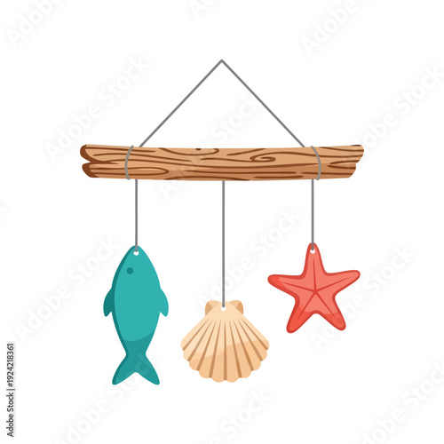 Seaside mobile vector clipart with fish, shell, and starfish hanging on driftwood