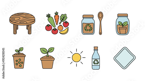 Eco-Friendly Garden Icons: A collection of charming icons, symbolizing sustainable living and environmental consciousness. Depicting a wooden table, fresh produce, recycling jars, seedlings, sunshine.