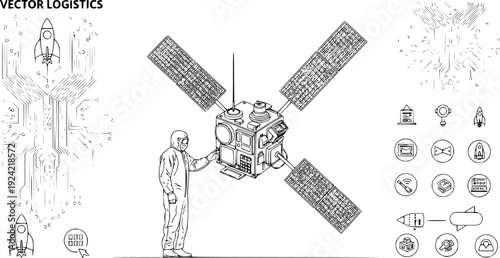 Satellite CubeSat Engineering Silhouette, Aerospace Technology and Space Industry Manufacturing CAD Vector