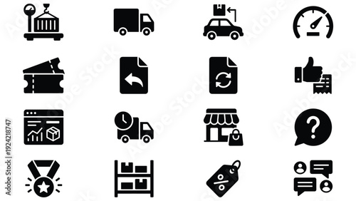 Set of 16 Black E-commerce and Delivery Vector Icons