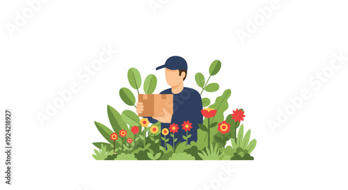 A delivery person wearing a blue uniform holds a brown cardboard package while standing behind green plants and flowers.