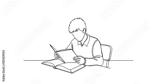 Black Continuous Line Art Student Reading Book | Minimal One Line Vector Illustration