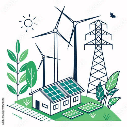 Renewable energy system with wind turbines and solar panels