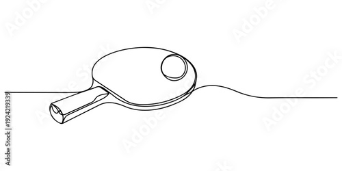 Continuous one line of a table tennis paddle with ball, representing play, focus, and simplicity, drawn illustration.
