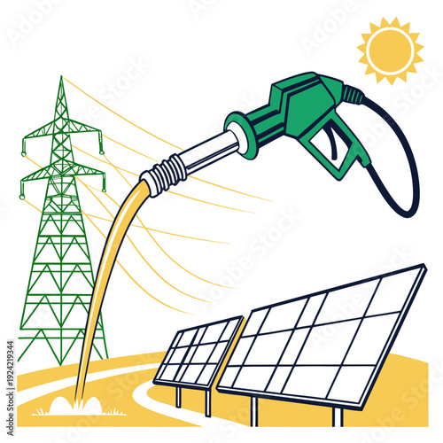 Green fuel pump nozzle filling solar panels from power line