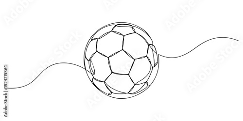 Continuous one line of a soccer ball, symbolizing sport, teamwork, and energy, drawn illustration.