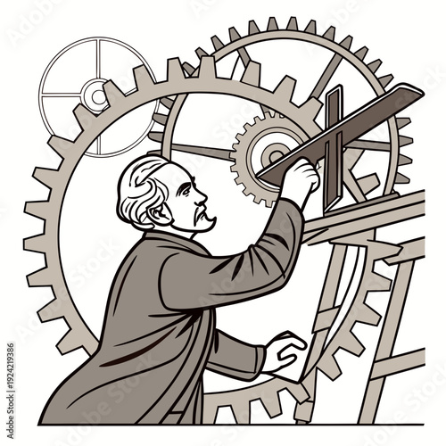 Historical scientist working on large mechanical gears