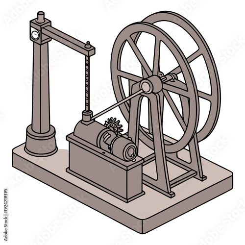 Antique steam engine with flywheel and hand crank vintage